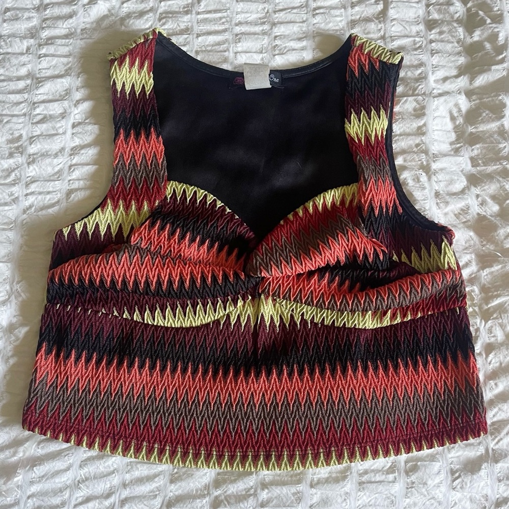 Volume One Brown Red Maroon Yellow Orange Chevron crop top